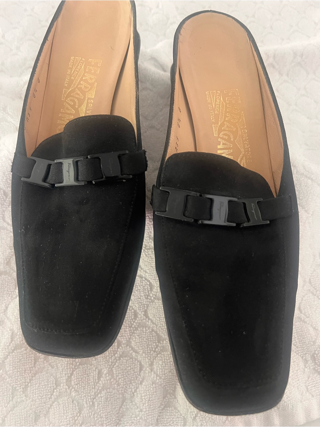 Salvatore Ferragamo Black Suede Slip-On Mules With Matte Bit